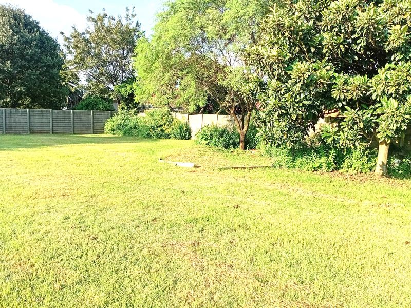 A spacious, level residential plot featuring established trees, lush green lawn, and perimeter concrete wall fencing.
