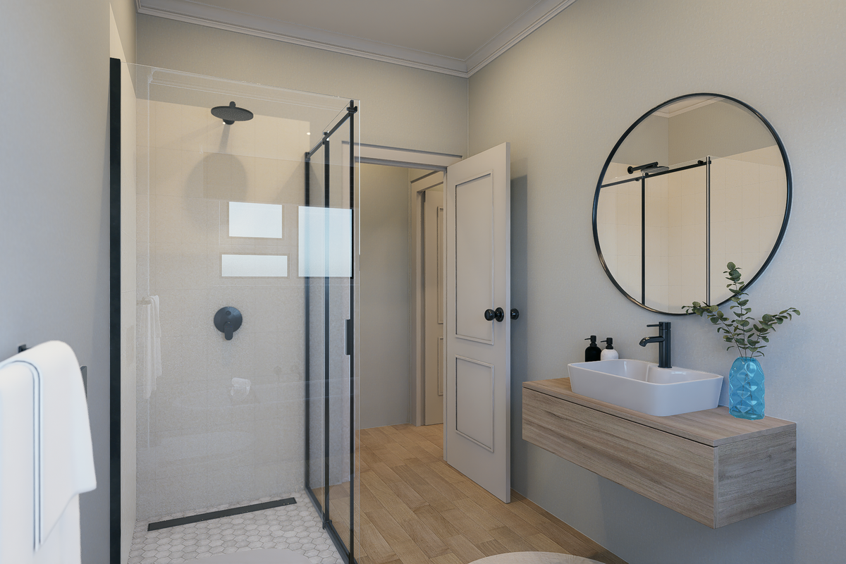 Modern bathroom featuring a walk-in shower with black frame, wall-mounted timber vanity with vessel sink, and contemporary black fixtures.