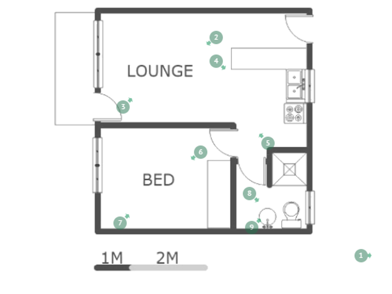 A 41m2 first-floor apartment floor plan showing a lounge, bedroom, kitchen, and bathroom layout with numbered photo markers.