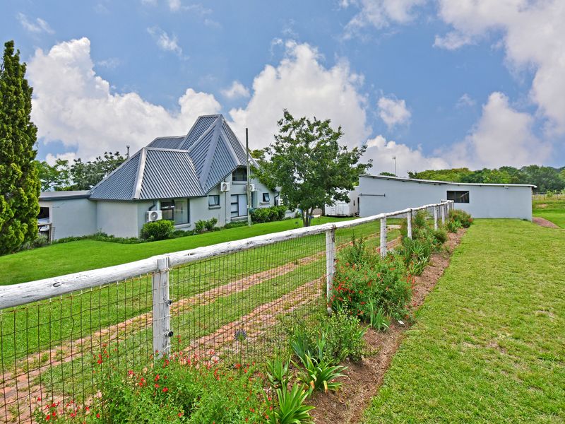 A view of the rear exterior of the house featuring a unique metal roof design, landscaped garden, and wire mesh fencing.