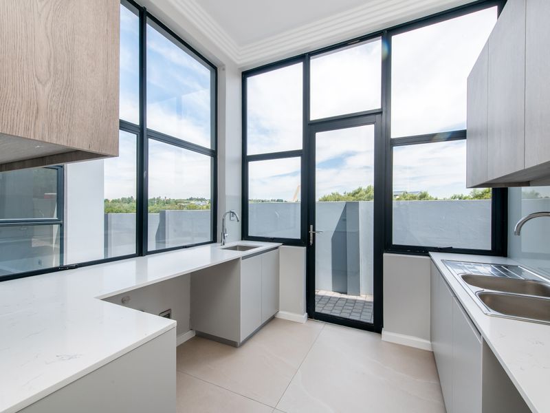 Modern scullery featuring dual stainless steel sinks, quartz countertops, ample built-in cabinetry, and large windows providing abundant natural light and outdoor access.