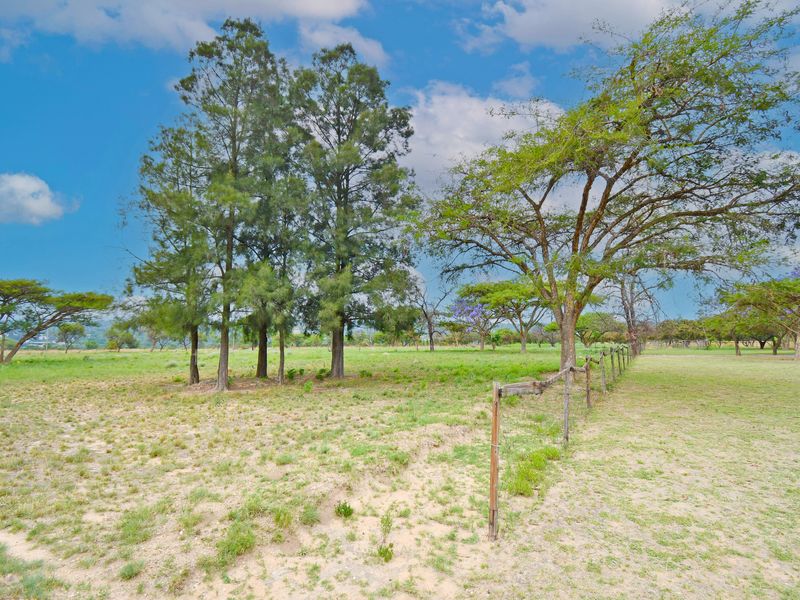 A view of a vacant residential plot featuring mature trees, open grassland, and existing wire perimeter fencing.