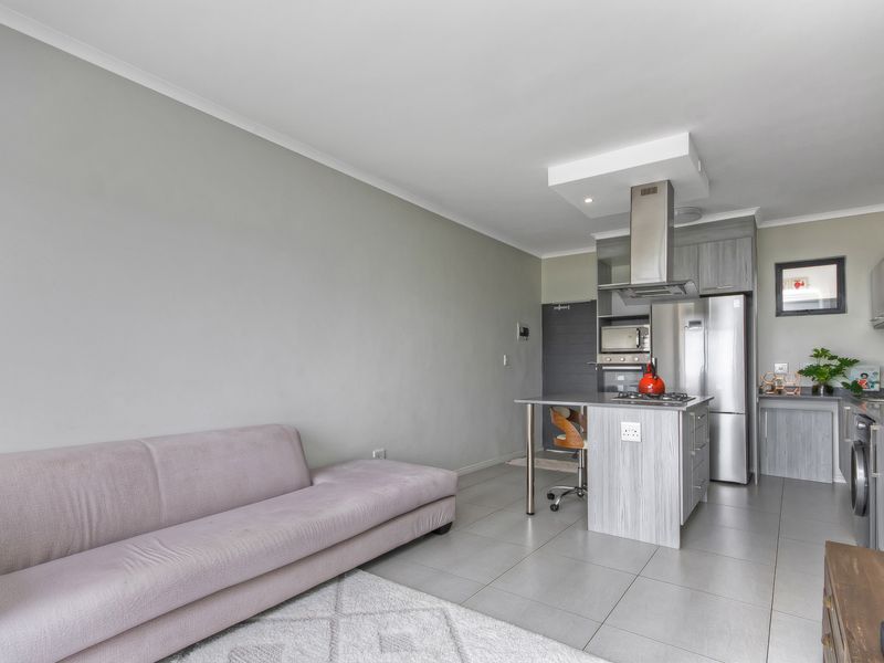 Modern open-plan living area featuring a contemporary kitchen with grey cabinetry, a central island, and integrated stainless steel appliances.