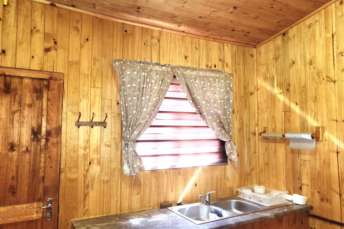 A rustic kitchen area featuring timber wall and ceiling paneling, a double bowl stainless steel sink, and a laminate countertop.
