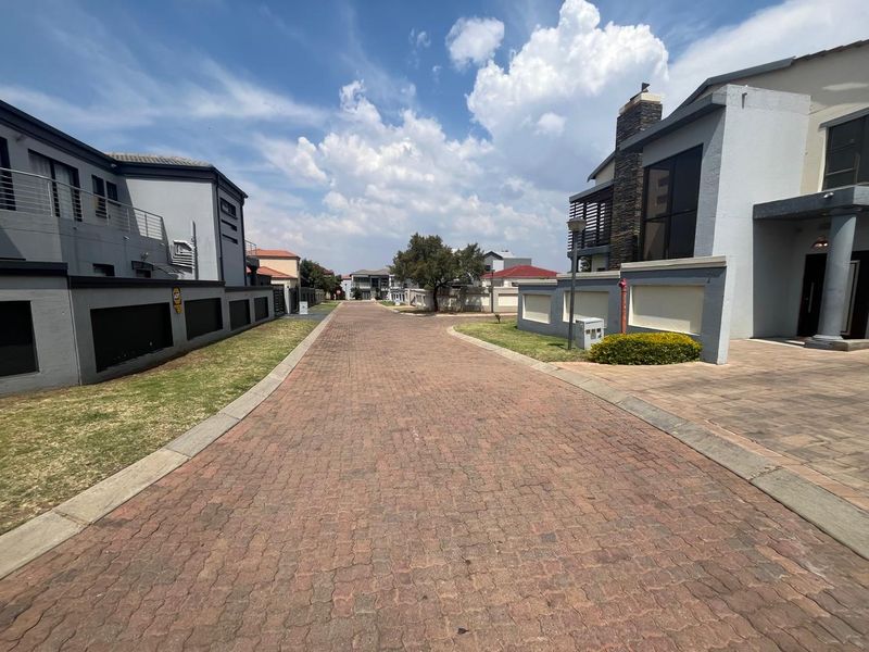 A view of the paved residential street within the estate, flanked by modern houses with boundary walls and manicured lawns.