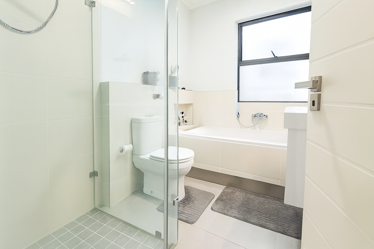 A clean, modern bathroom featuring a glass-enclosed shower, a built-in bathtub, and a toilet, finished with neutral wall and floor tiles.
