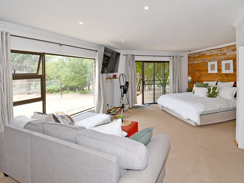 Spacious bedroom featuring a timber accent wall, large picture windows, and sliding door access to the exterior, creating a bright and airy atmosphere.