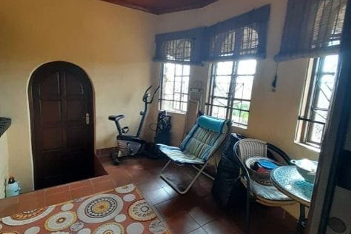 A living area featuring a warm timber-clad ceiling, tiled flooring, and an arched timber door, with natural light provided by multiple windows.