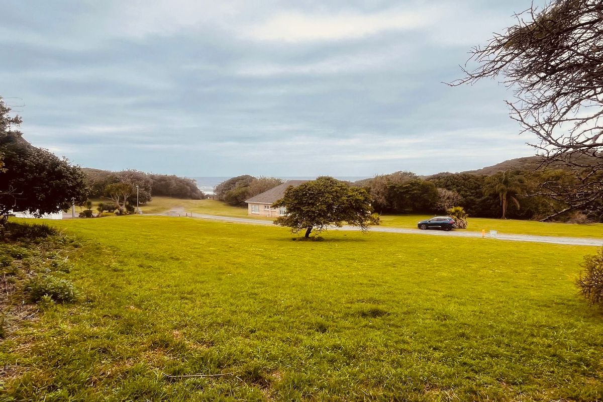 A scenic view of a spacious, grassy residential plot featuring mature trees and a distant coastal outlook.