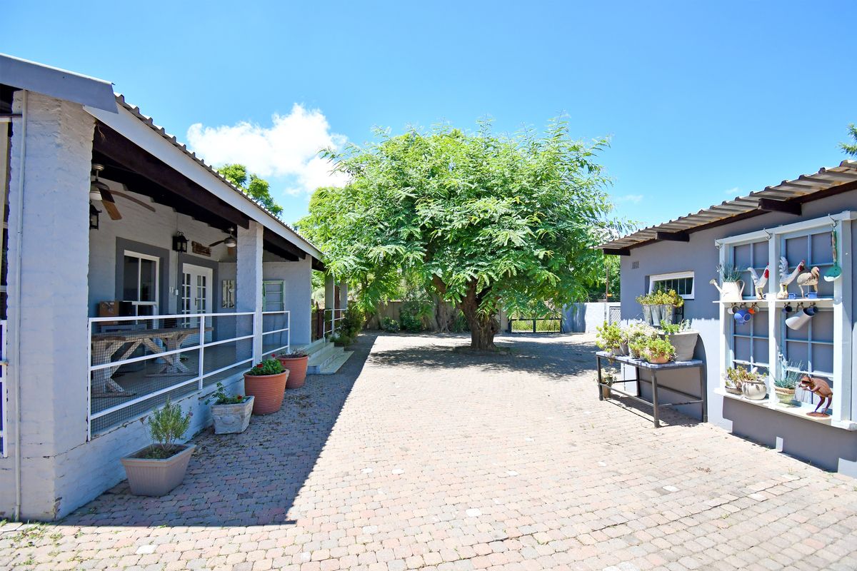 A paved courtyard area between two building structures, featuring a large central tree and a covered patio space.