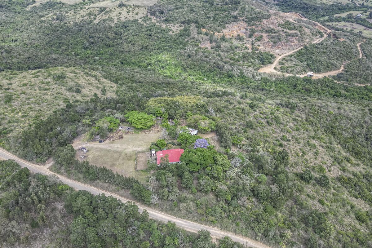 Aerial view of a small holding property featuring a dwelling with a red metal roof, surrounded by natural vegetation and accessible via a dirt road.