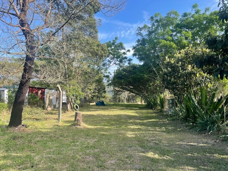 A spacious, established garden area featuring mature trees, open lawn space, and natural boundary landscaping on the small holding.