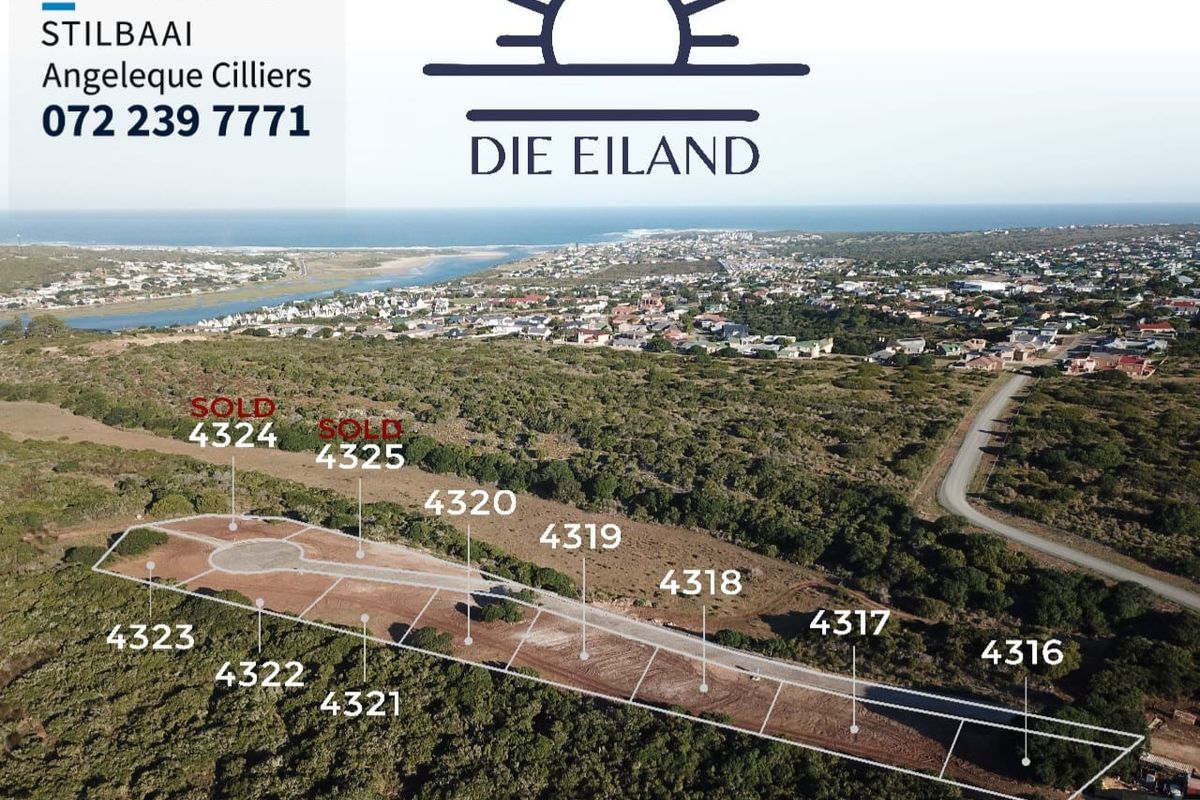 Aerial view of vacant residential plots in Die Eiland estate, showcasing the coastal landscape and surrounding infrastructure.