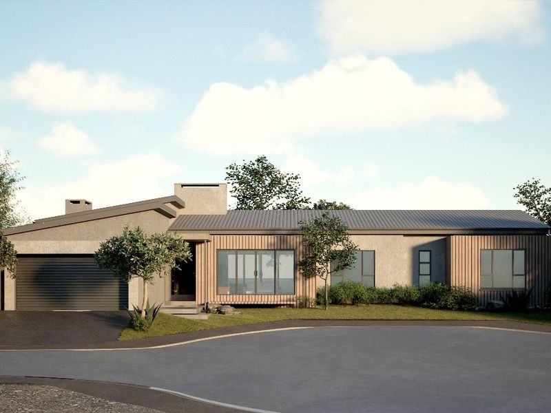 Modern single-story residence featuring a combination of stone and timber cladding, a metal roof, and an integrated garage.