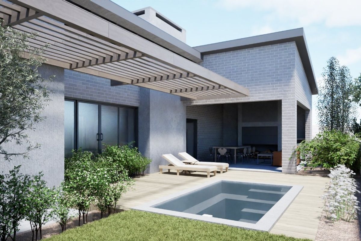 Modern outdoor entertainment area featuring a swimming pool, timber decking, covered pergola, and a built-in braai area.