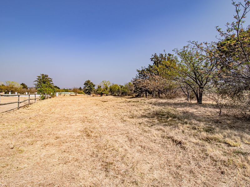 A view of a vacant residential plot featuring dry grass, mature trees, and timber post and rail boundary fencing.