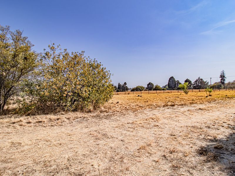 A view of a vacant residential plot featuring dry grass, mature trees, and perimeter wire fencing under a clear blue sky.
