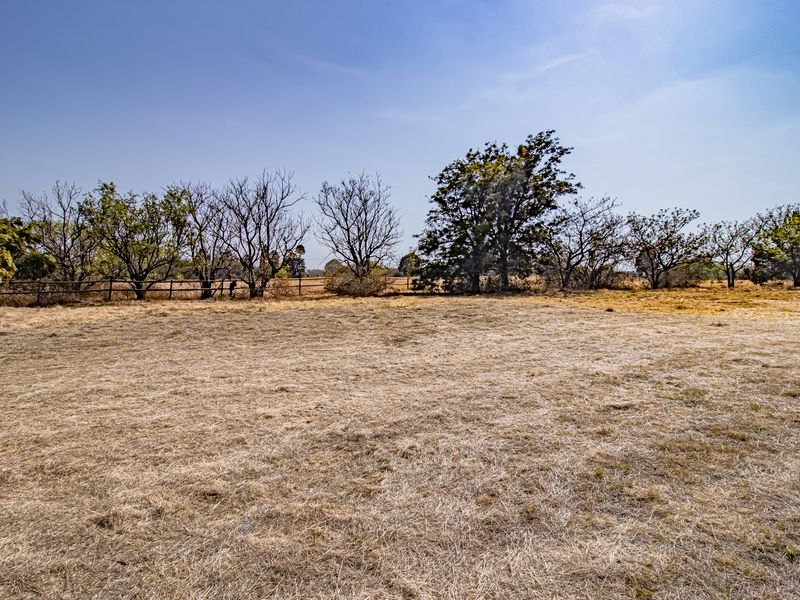 A wide-angle view of a vacant residential plot featuring dry grass, mature trees, and a perimeter wire fence.