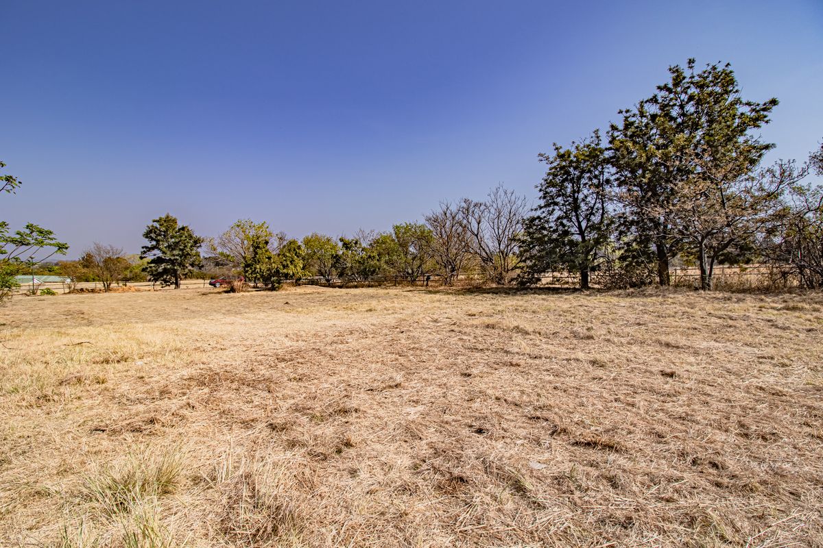 A wide-angle view of a vacant residential plot featuring dry grass, mature trees, and perimeter fencing under a clear blue sky.
