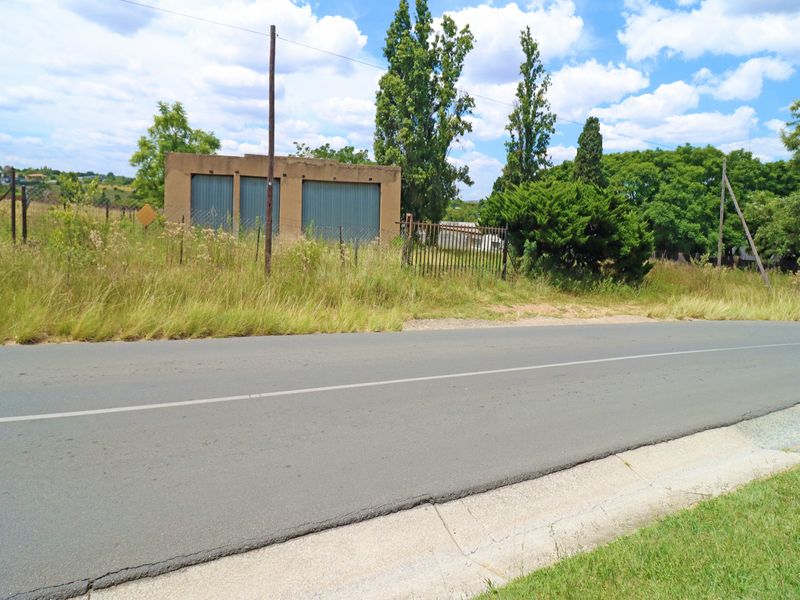 Street view showing a detached garage structure with metal doors, set behind wire fencing and overgrown vegetation along an asphalt road.
