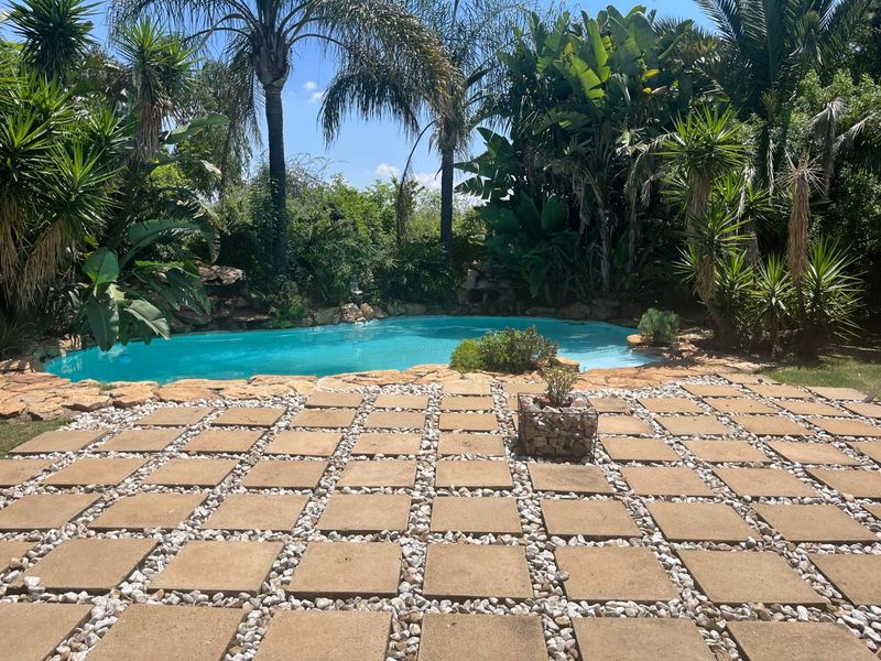 A private outdoor pool area featuring a rock-edged swimming pool, stone-paved patio, and established tropical landscaping.