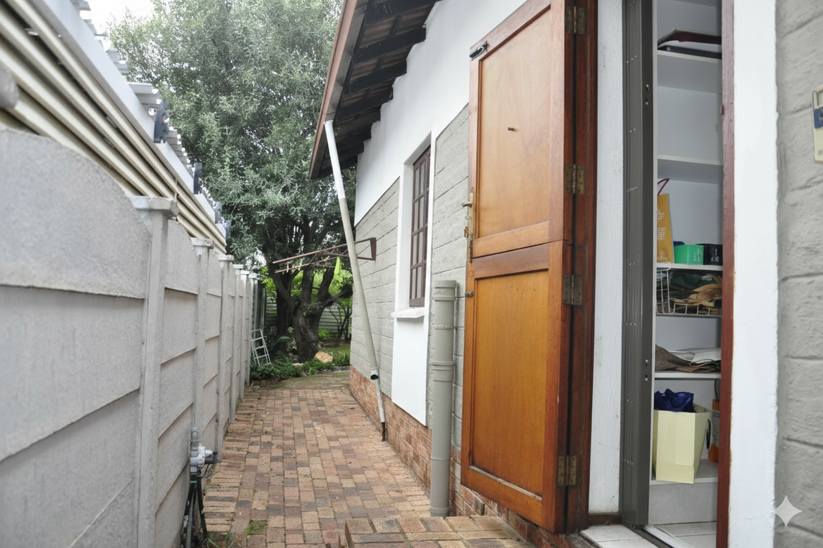 A side exterior walkway featuring brick paving, a stable-style wooden door, and built-in storage shelving accessible from the outside.