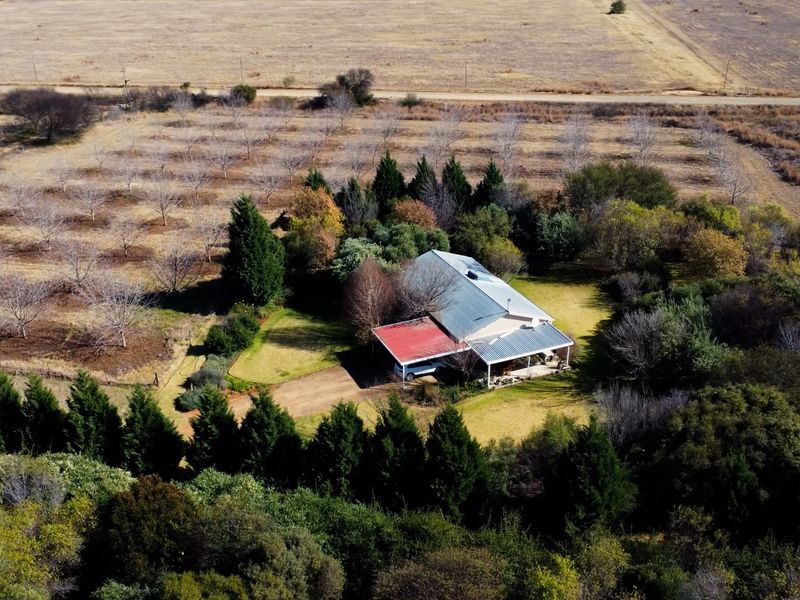 Aerial view of a farm property featuring a main residence with a metal roof, covered patio, and surrounding orchard and garden areas.