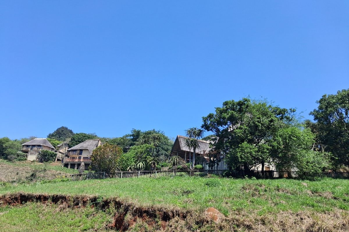 A view of residential properties with thatched roofs and wooden decks set within a natural, grassy landscape.