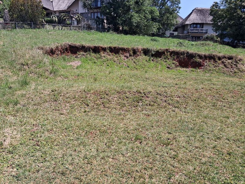 A view of a sloped residential plot featuring grass lawn and visible soil erosion along the embankment.