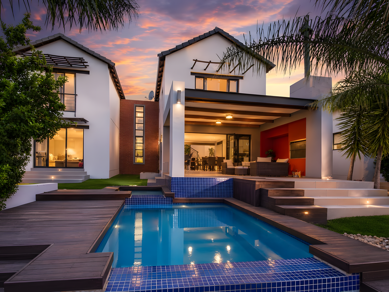 Stunning rear exterior view featuring a modern swimming pool, timber decking, and a spacious covered patio with built-in braai area.