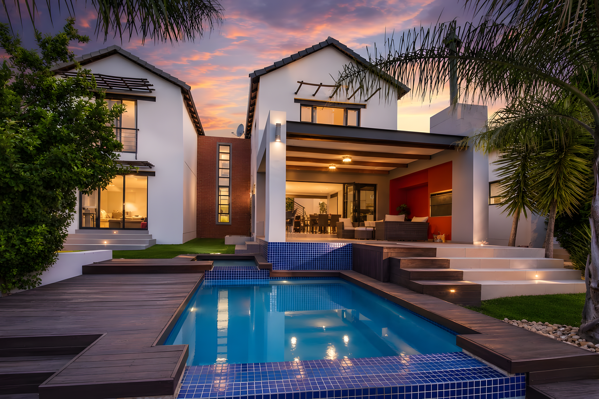 Stunning rear exterior view featuring a modern swimming pool, timber decking, and a spacious covered patio with built-in braai area.