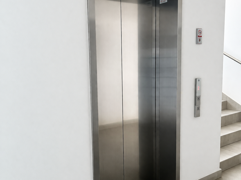 A clean and modern apartment building hallway featuring a stainless steel elevator and tiled flooring with adjacent staircase access.