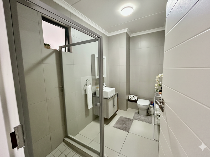 A modern, well-maintained bathroom featuring a glass-enclosed shower, vanity cabinet with basin, and a toilet, finished with neutral wall and floor tiles.