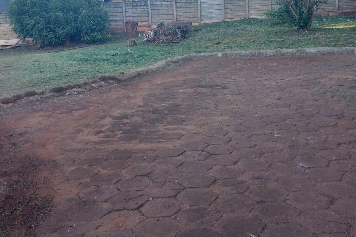 A rear outdoor area featuring a paved driveway, a precast concrete boundary wall, and a grassed garden space.