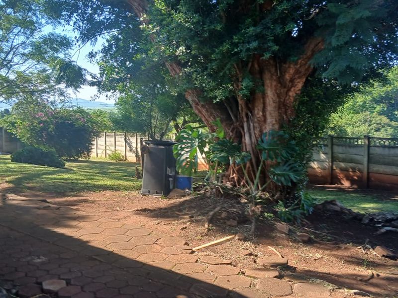 A spacious garden area featuring a paved walkway, mature trees, and a secure precast concrete boundary wall.
