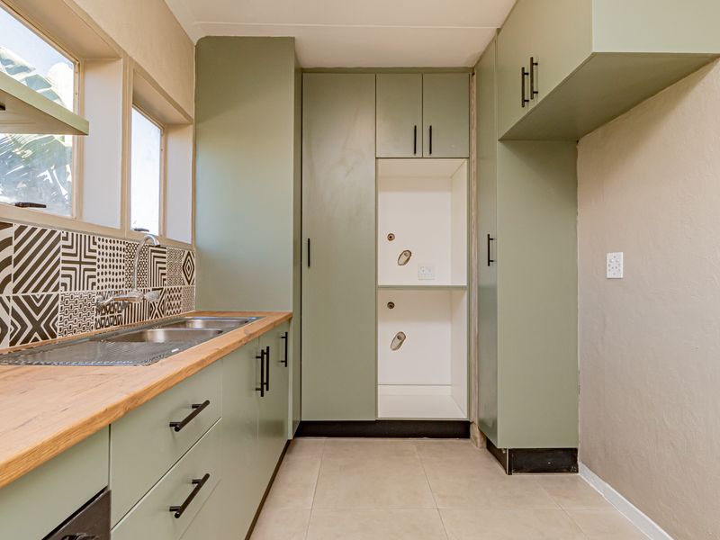 A clean, modern scullery featuring sage green cabinetry, wooden countertops, a double sink, and patterned tiled backsplash with dedicated appliance plumbing connections.
