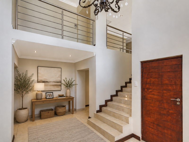 Spacious double-volume entrance hall featuring a tiled staircase, stainless steel balustrade, and elegant chandelier lighting.