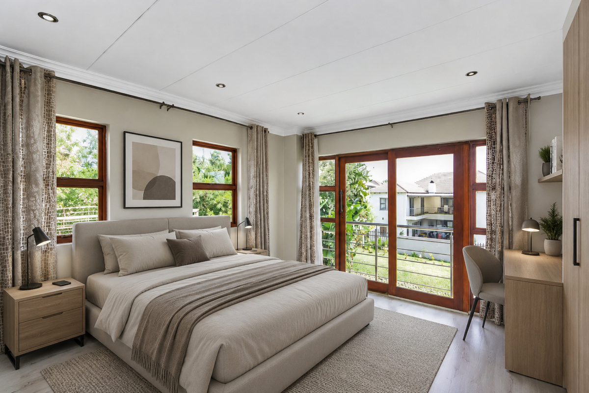 A well-maintained bedroom featuring built-in cabinetry, recessed lighting, and sliding glass doors that open onto a private balcony with garden views.