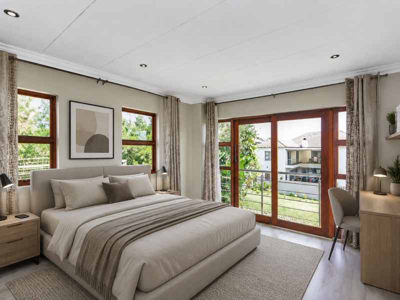 A well-maintained bedroom featuring built-in cabinetry, recessed lighting, and sliding glass doors that open onto a private balcony with garden views.
