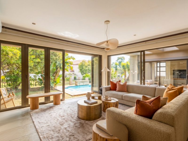 Spacious living room featuring large aluminium sliding doors that open onto a patio and pool area, providing seamless indoor-outdoor flow.