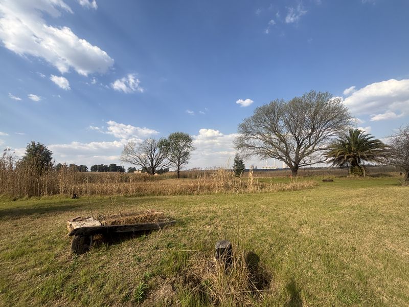 A wide-angle view of a vacant residential plot featuring open grassland, mature trees, and natural landscaping under a clear blue sky.