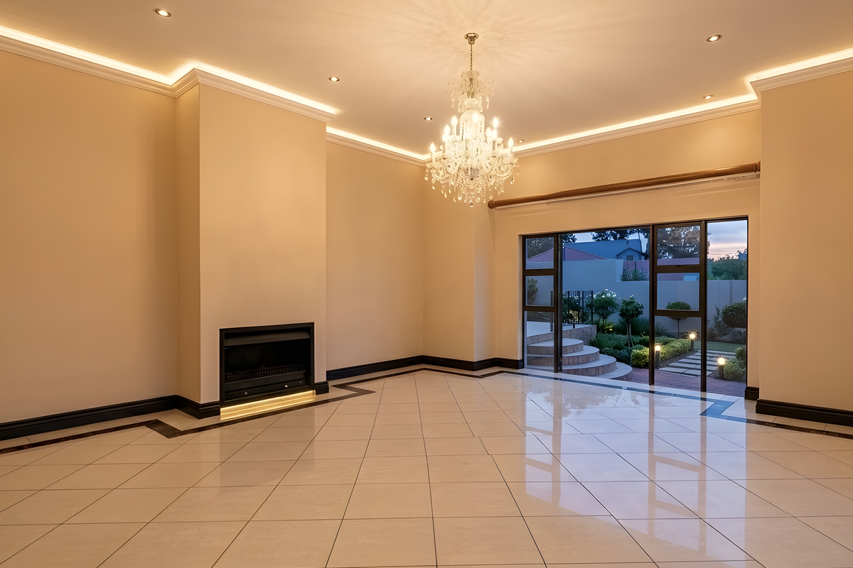 Spacious living area featuring polished tile flooring, a built-in fireplace, recessed ceiling lighting, and large sliding glass doors opening to the rear garden.