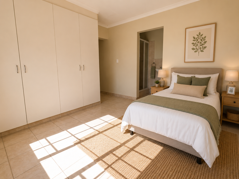 A well-lit bedroom featuring neutral tiled flooring, ample built-in cupboard storage, and direct access to an en-suite bathroom.