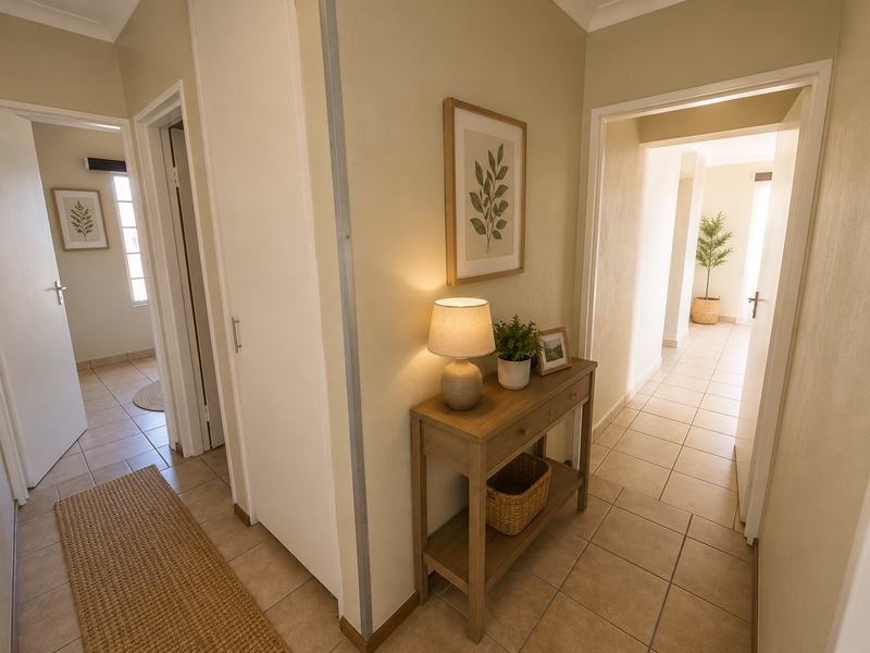 A bright and well-maintained hallway featuring neutral tiled flooring and access to multiple rooms, providing a clean and functional transition space.