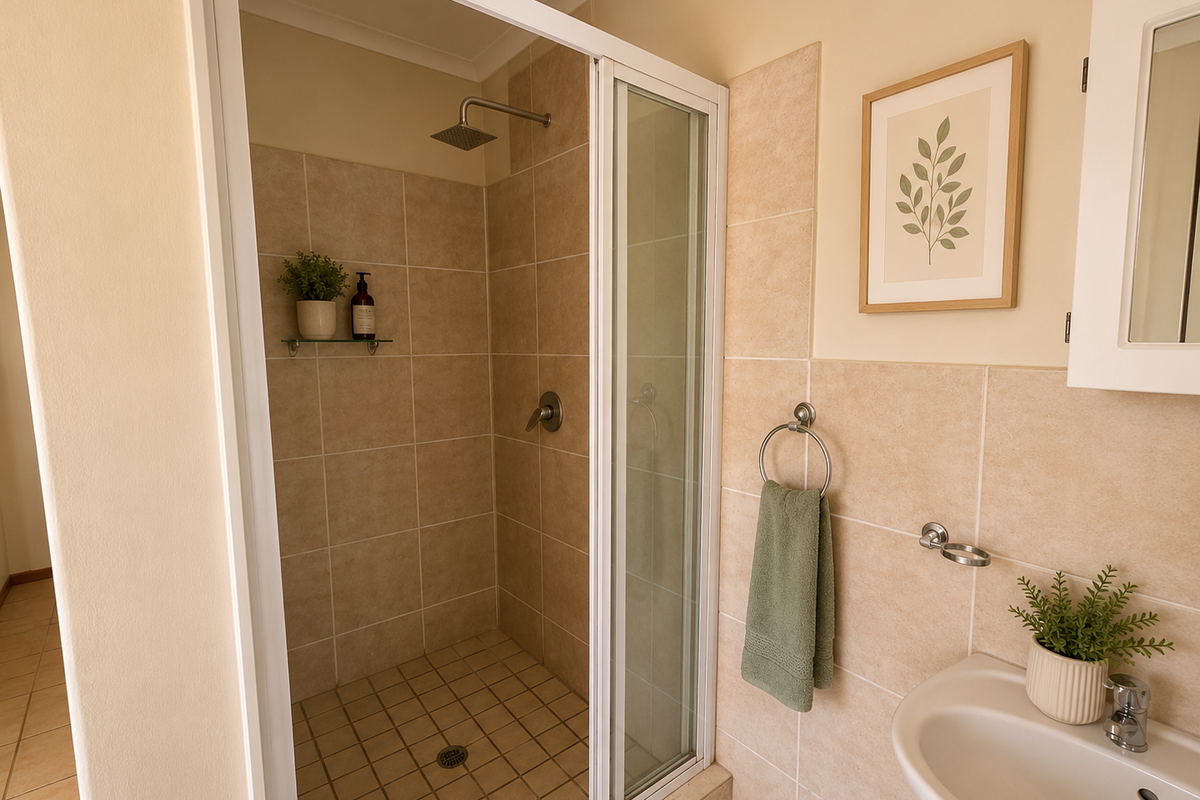A clean bathroom featuring a tiled shower enclosure with a modern shower head, a pedestal basin, and a wall-mounted medicine cabinet.