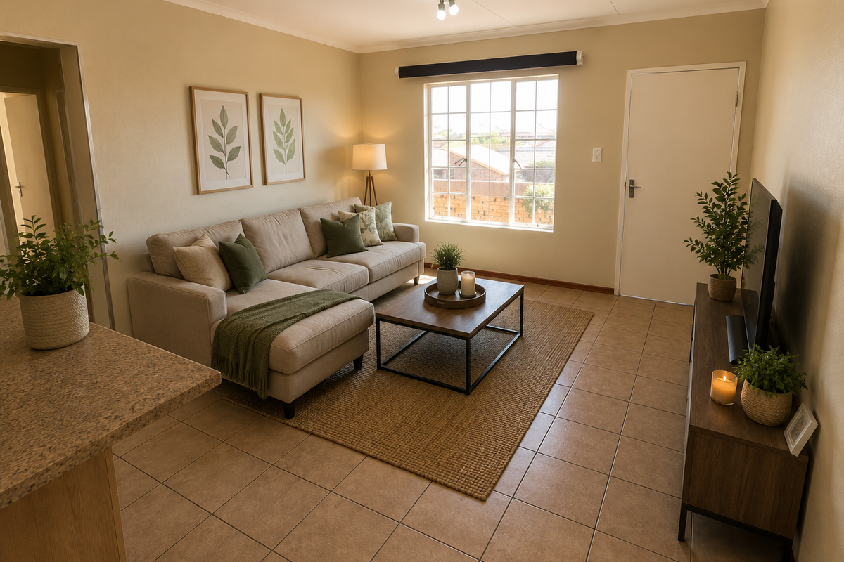 A well-maintained living room featuring neutral wall tones, tiled flooring, and a large window providing natural light.