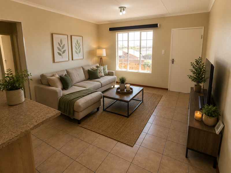 A well-maintained living room featuring neutral wall tones, tiled flooring, and a large window providing natural light.