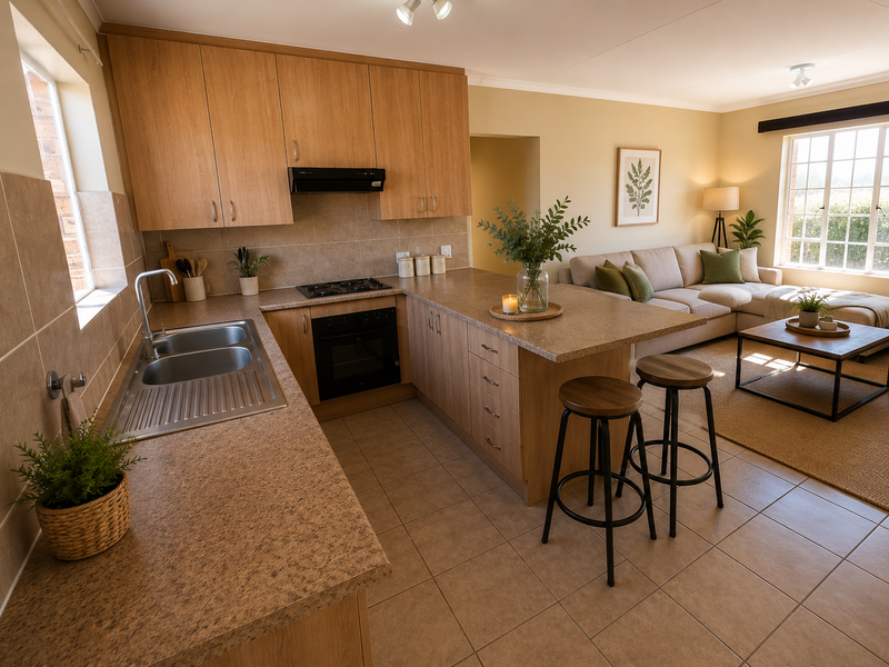Open-plan kitchen and living area featuring light wood cabinetry, integrated appliances, tiled flooring, and a breakfast bar counter.
