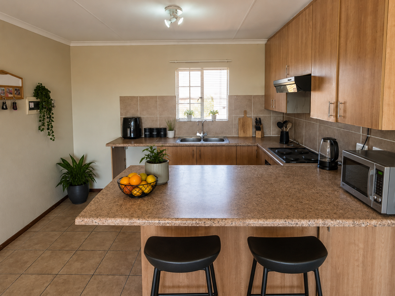 A functional kitchen featuring wood-look laminate cabinetry, a central breakfast island, tiled backsplash, and integrated electric hob with extractor fan.