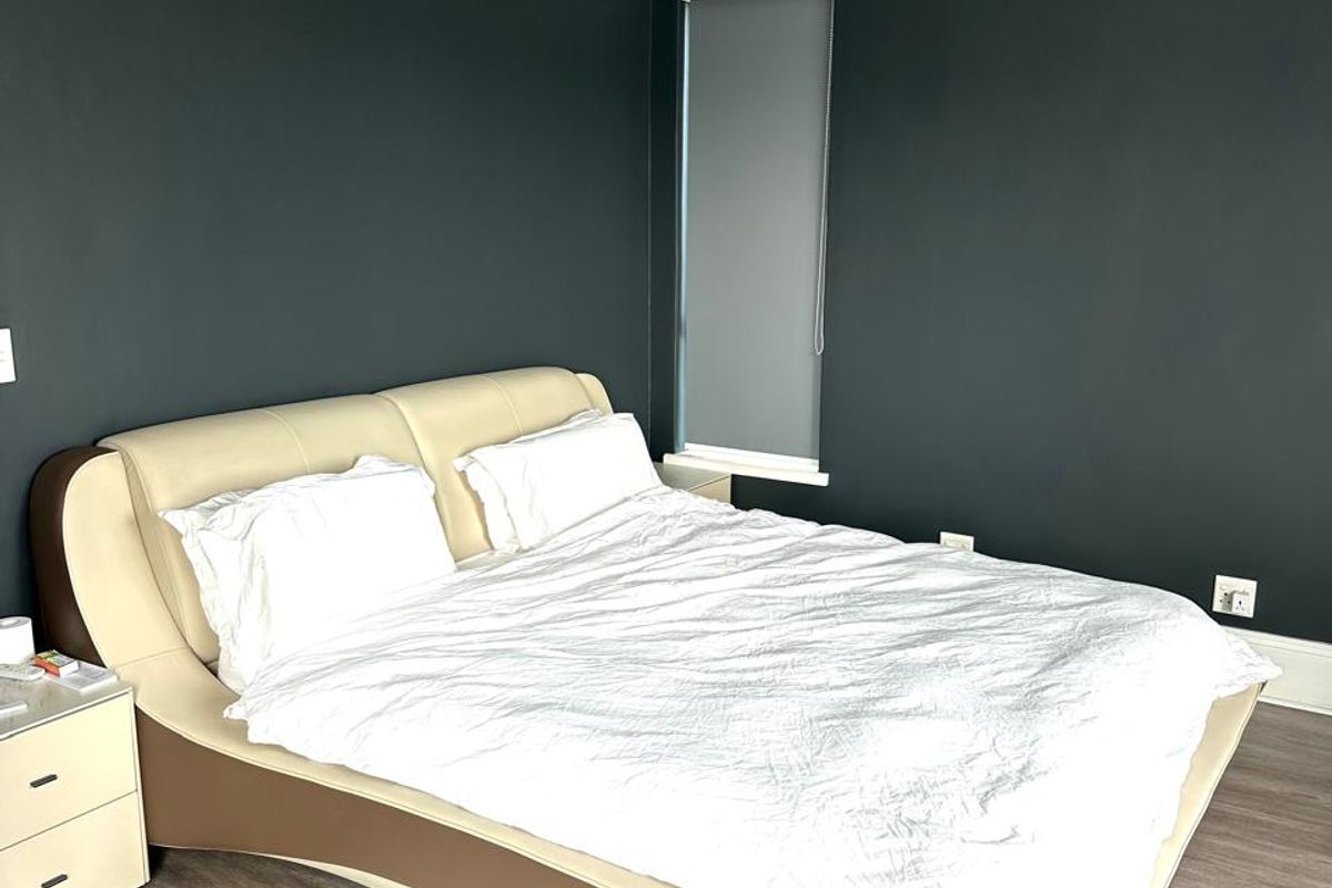 A modern bedroom featuring dark painted walls, laminate flooring, recessed ceiling lighting, and a fitted roller blind.